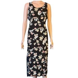R & K Originals Vintage Floral Maxi Dress Black Pink Botanical 90s Rayon Sz 14
